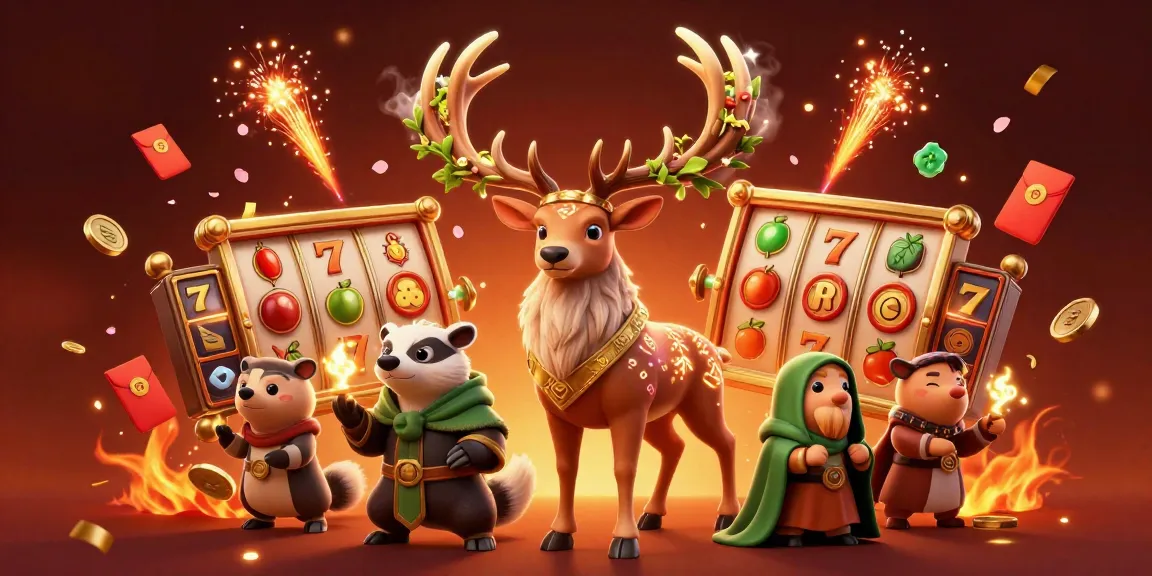 Spin the reels at vin88 with a vibrant illustration of a stag and badger in a celebratory casino scene.