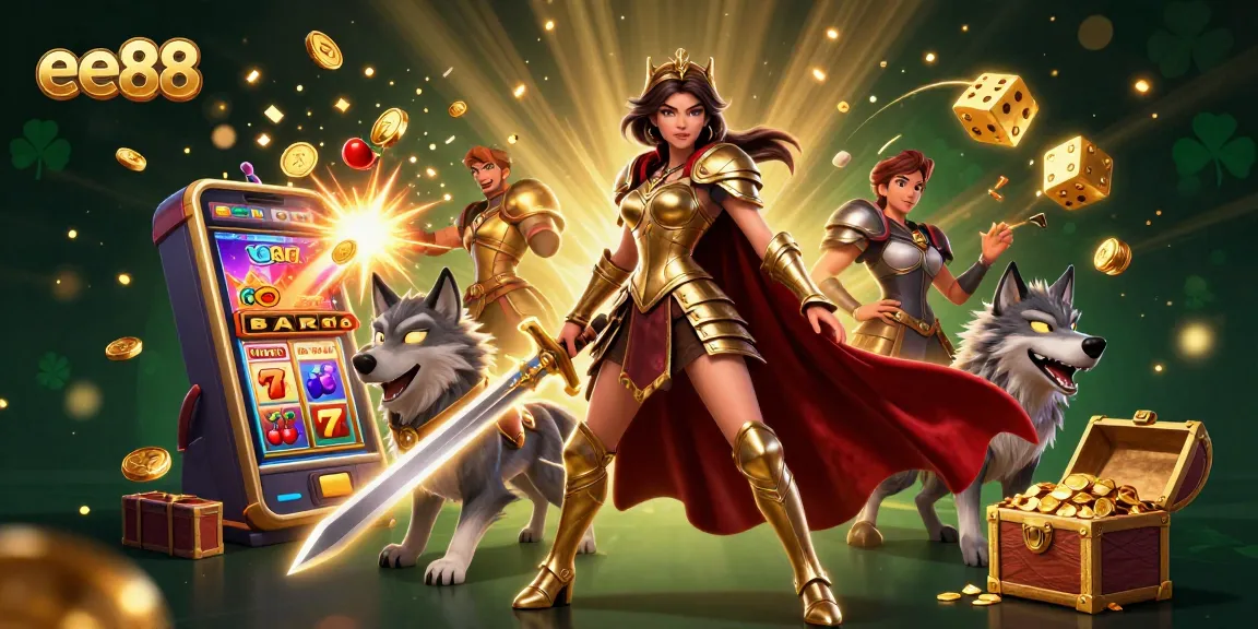 Win big with ee88 in this dynamic 3D scene featuring a warrior queen and a slot machine exploding with coins.