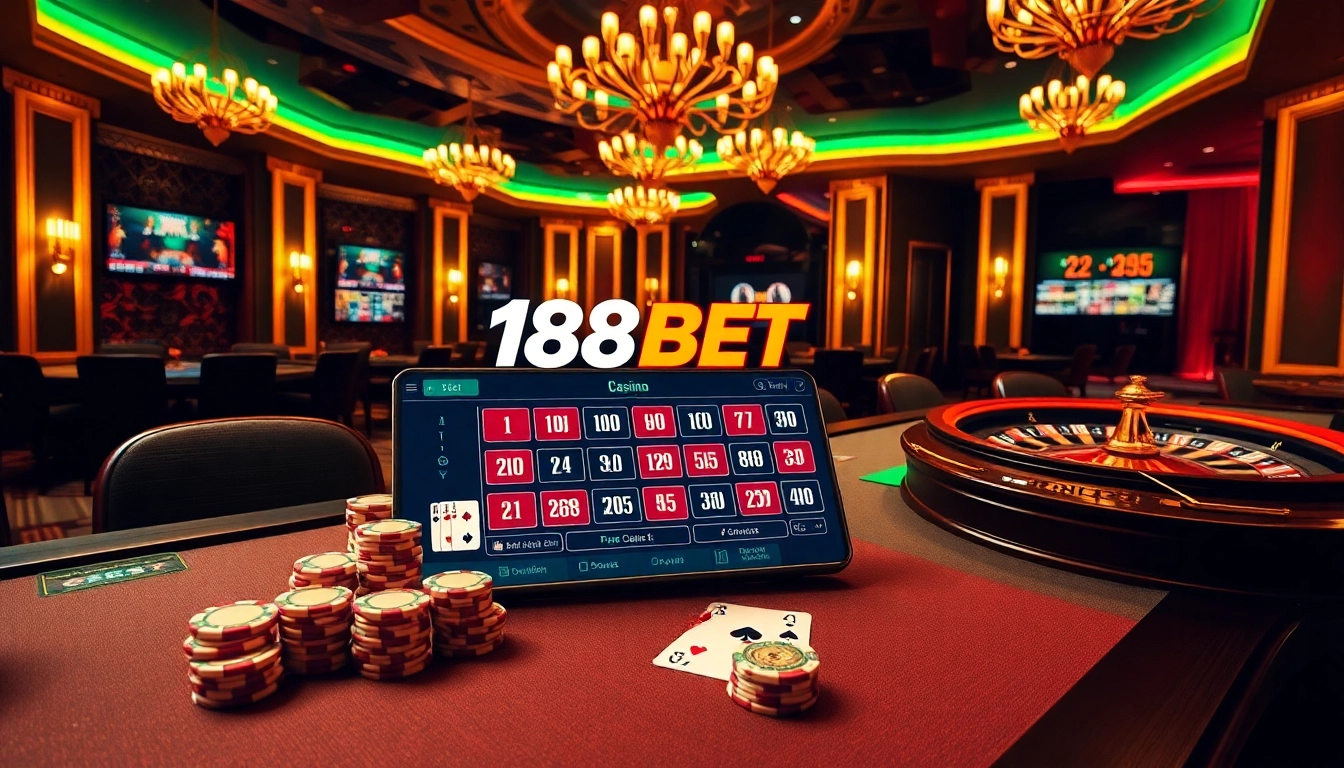 Engage in thrilling gaming experiences with the link vào 188bet, featuring casino tables and vibrant poker chips.