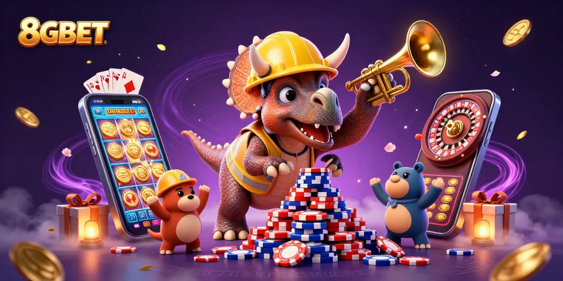 Experience joyful celebrations of success with 8GBET as characters build a poker chip pyramid amidst vibrant gaming elements.