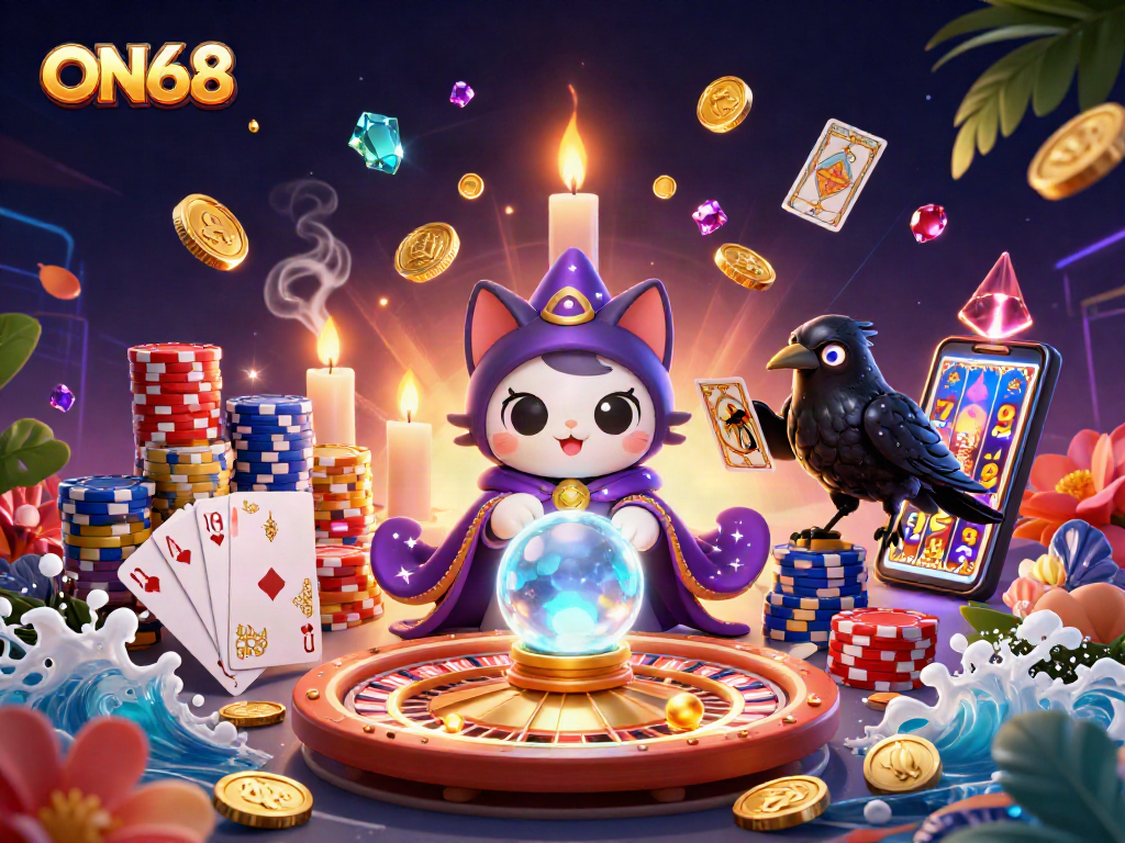 Experience ON68 with a lively 3D casino scene, featuring fortune tellers and vibrant game elements.