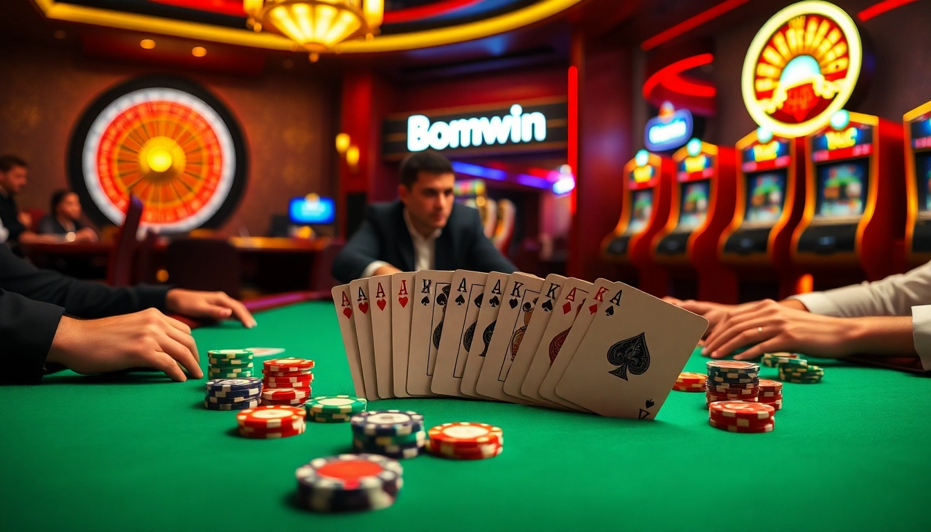 Engaged gamblers enjoying a professional poker game with Bomwin-themed chips.