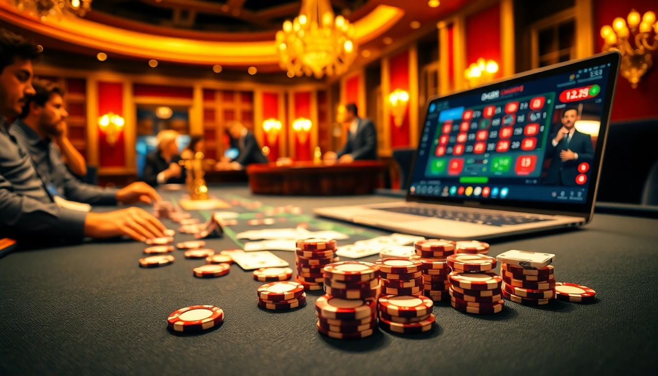 Players strategize at a poker table featuring the essence of https://da88.education/ with vibrant gambling elements.