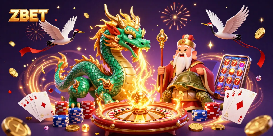 ZBET ignites excitement with an emerald jade dragon, lucky cranes, and vibrant casino elements.