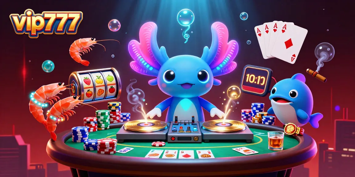 Join the fun at vip777 with a lively illustration showcasing an axolotl DJ and exciting casino elements.