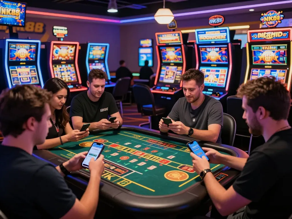 Players engaging in online gaming at NK88 casino with vibrant slot machines and live dealer interactions.