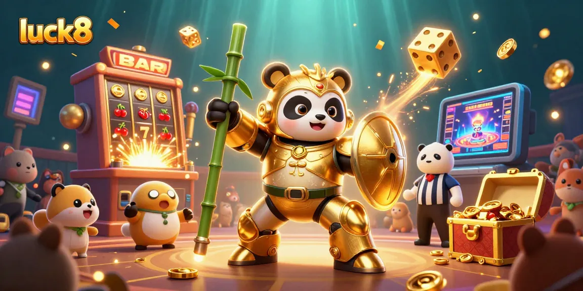 Witness the excitement of luck8 with a golden panda mech engaging in dynamic slot action.