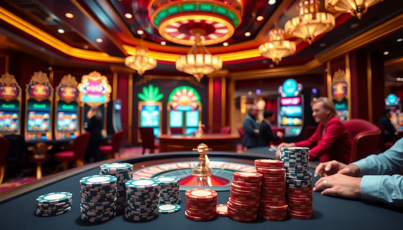 Experience high-stakes gaming at the luxurious win88 casino with vibrant slot machines and poker tables.