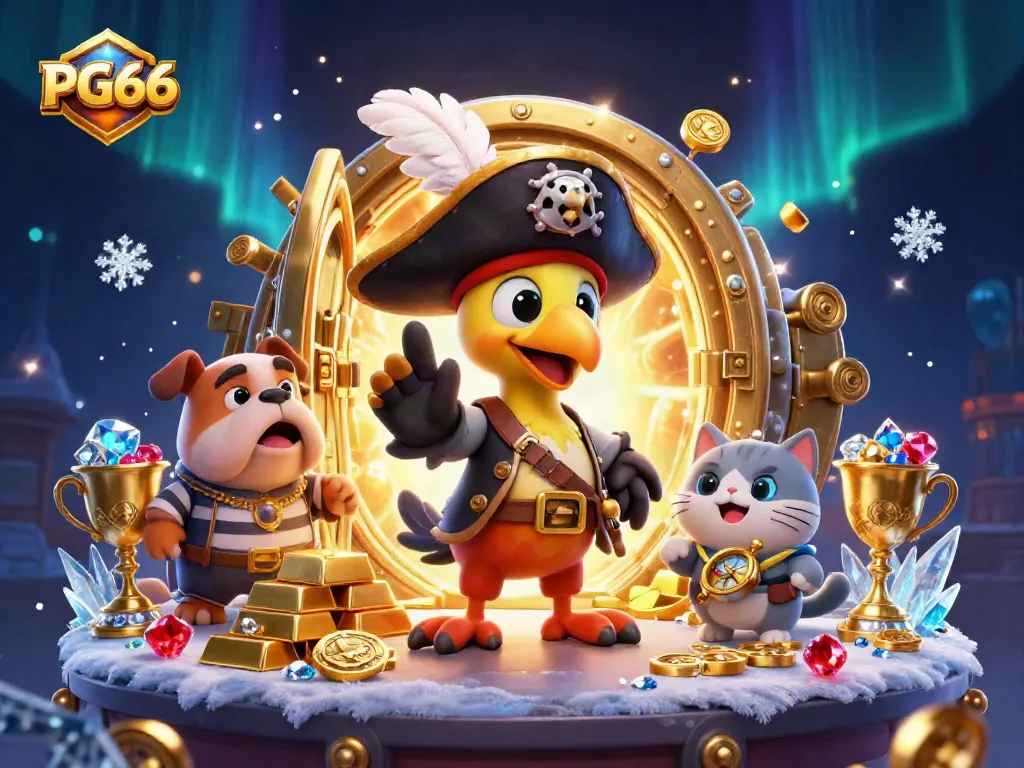 Experience the excitement at PG66 with a vibrant 3D casino scene featuring colorful characters and sparkling treasures.