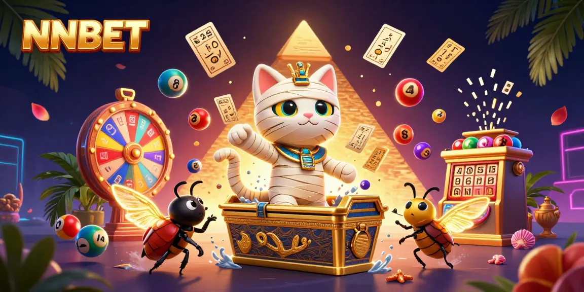 NNBET offers thrilling experiences as an Egyptian mummy cat bursts forth from a golden sarcophagus amidst vibrant casino elements.