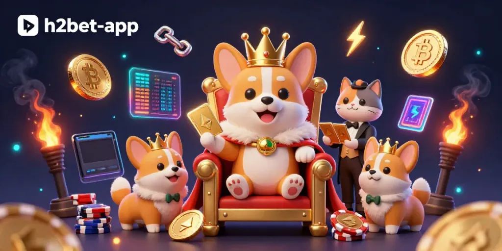 Engage with the vibrant h2bet-app world featuring a royal corgi on a throne of poker chips.