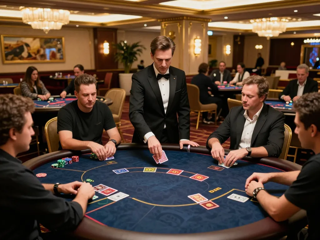 Players engaged in a thrilling poker game at a VIP table in the upscale 45678 casino, showcasing luxury surroundings.