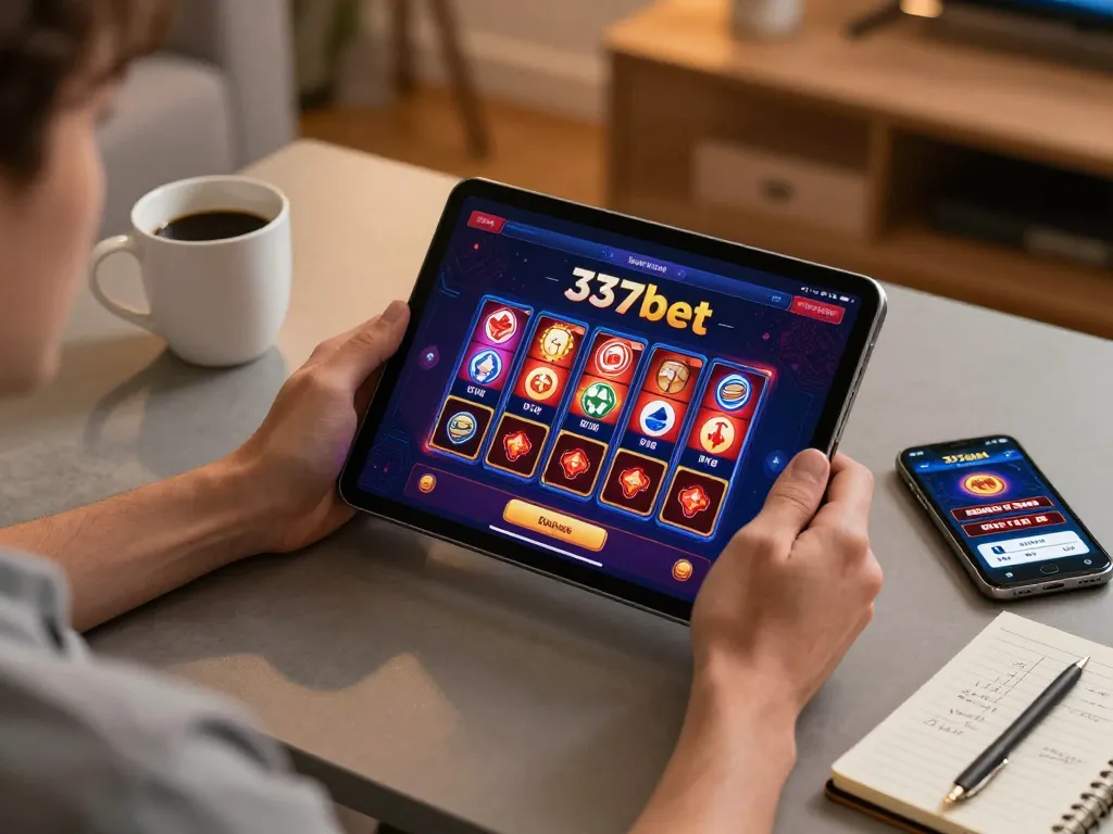 Experiência de jogo online envolvente na 337bet em um tablet exibindo opções de cassino vibrantes.