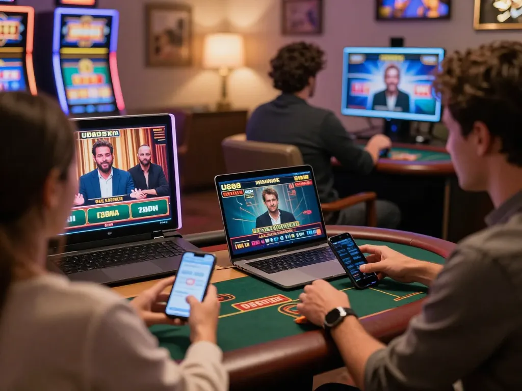 U888 players engaging with exciting online casino games in an inviting home setting