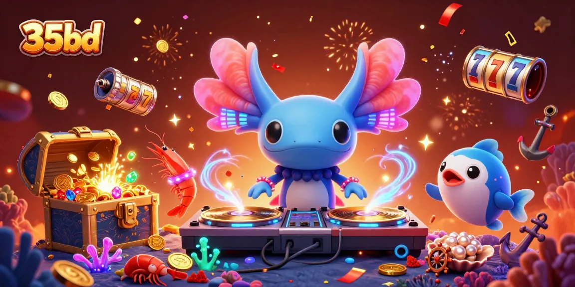 Engage in the 35bd casino experience with a vibrant underwater party scene featuring neon characters and slot games.