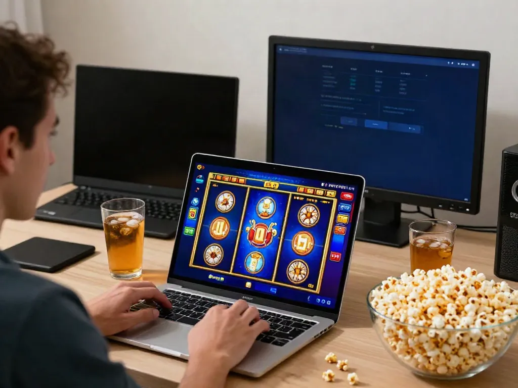 Experiência de jogo emocionante com slot online em casa, jogador focado em laptop e petiscos ao lado.