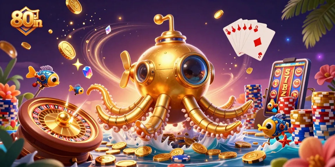 Win big with 80win's vibrant gaming scene featuring a golden kraken in a treasure sea.