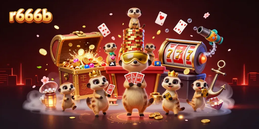 Engage in thrilling slot gaming at r666b with a playful meerkat-themed casino illustration.