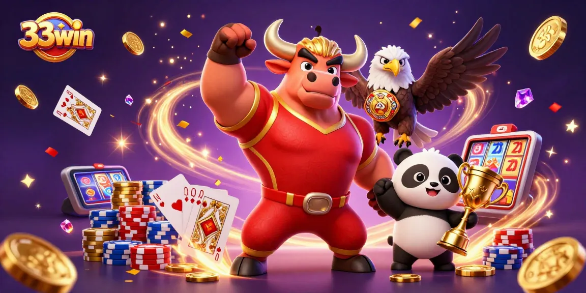 Experience thrilling wins with 33win as the bull mascot celebrates victory in a vibrant casino scene!