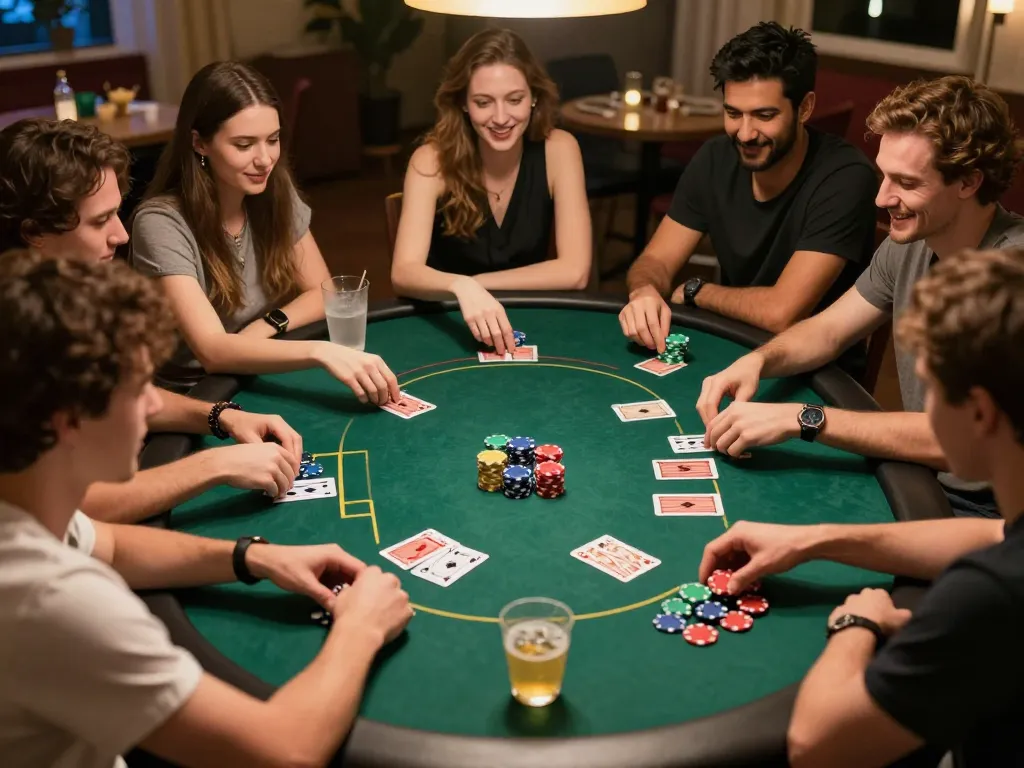 Friends enjoying a friendly poker game at home, showcasing the engaging atmosphere of the 23bet site.