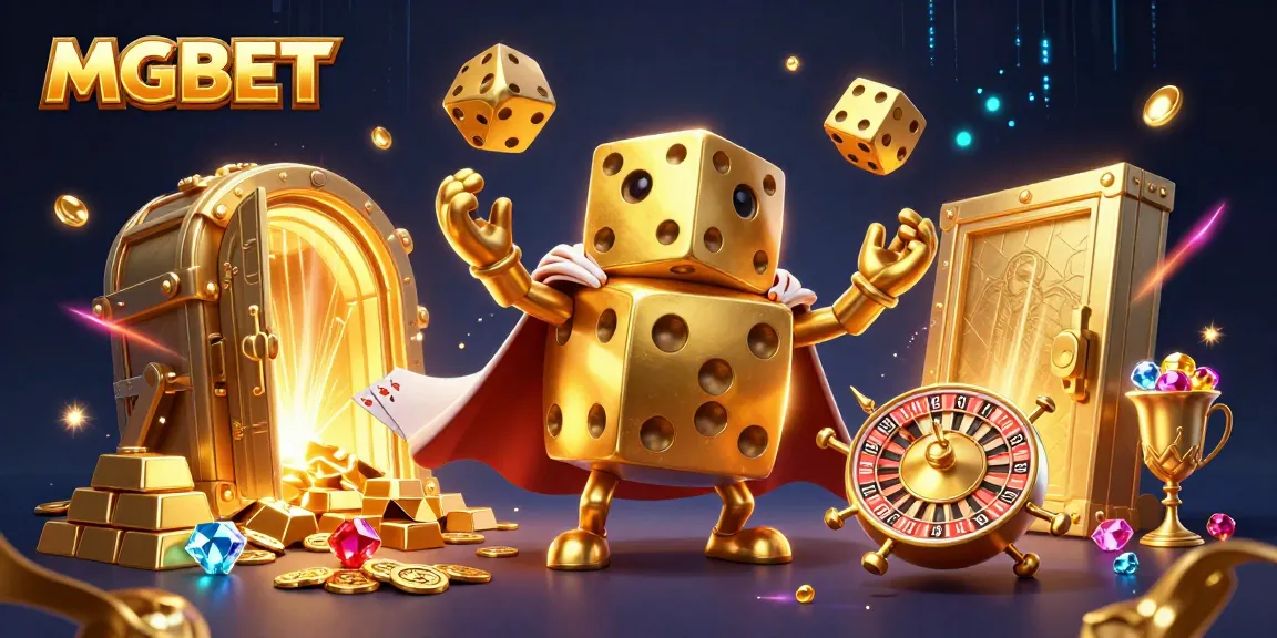 Engage in thrilling gaming with MGBET's cartoonish golden dice characters amidst a treasure-filled backdrop.