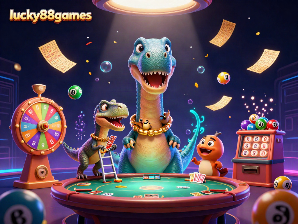 Engage with lucky88games through a vibrant 3D illustration of an immersive casino scene.