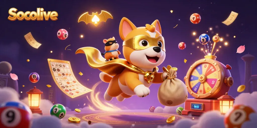 Socolive offers an engaging 3D illustration showcasing a superhero dog and hamster in a vibrant casino-themed adventure.