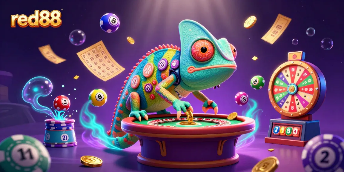 Engage in thrilling gaming experiences with red88's vibrant casino scene featuring dynamic elements and a playful chameleon.