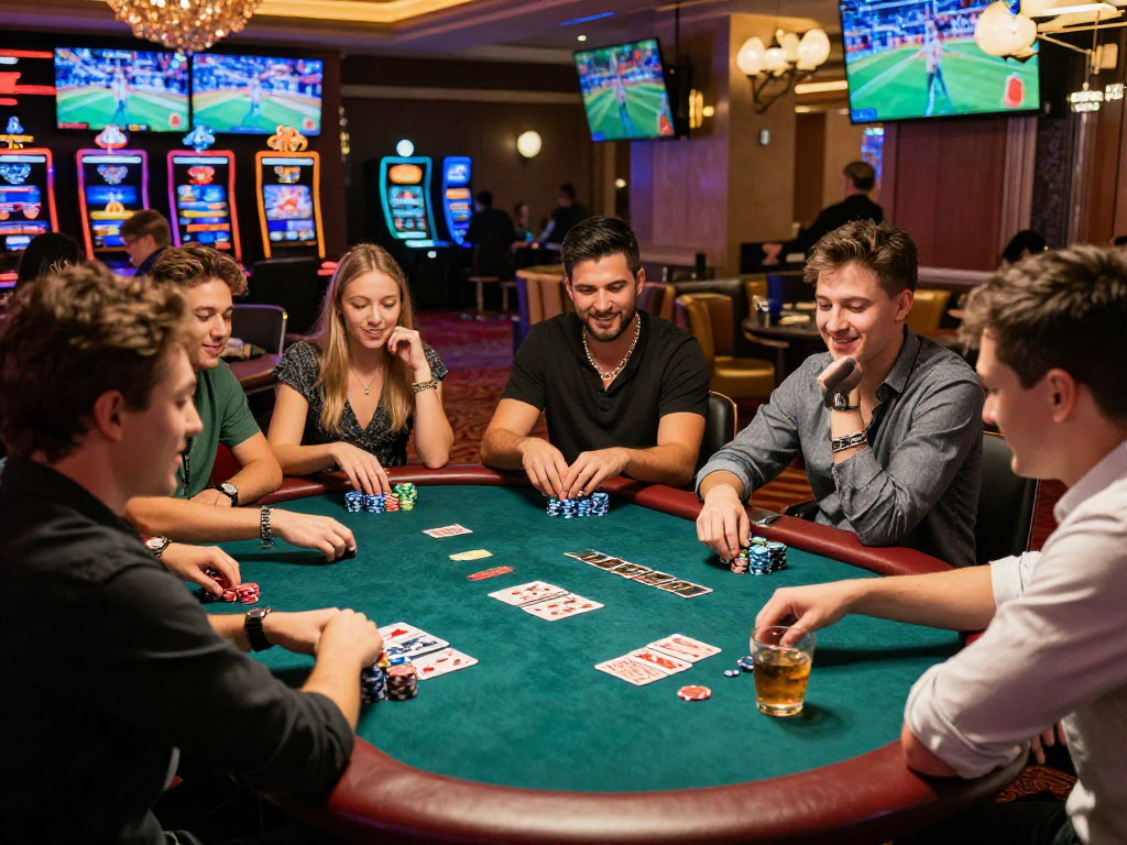 Friends enjoying a lively poker game at vin88 casino, surrounded by vibrant decor.