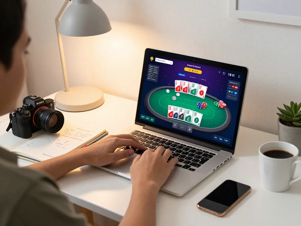 Engaging in cm88 online poker from a comfortable home setup with strategic notes and cozy ambiance