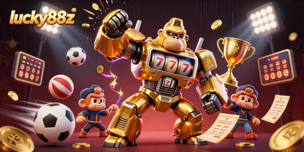 Engage with lucky88z slots and sports games in a dynamic 3D illustration with vibrant elements.