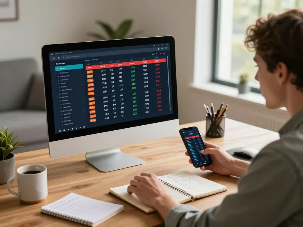 22ff player analyzing betting odds on smartphone and laptop in a cozy home setting