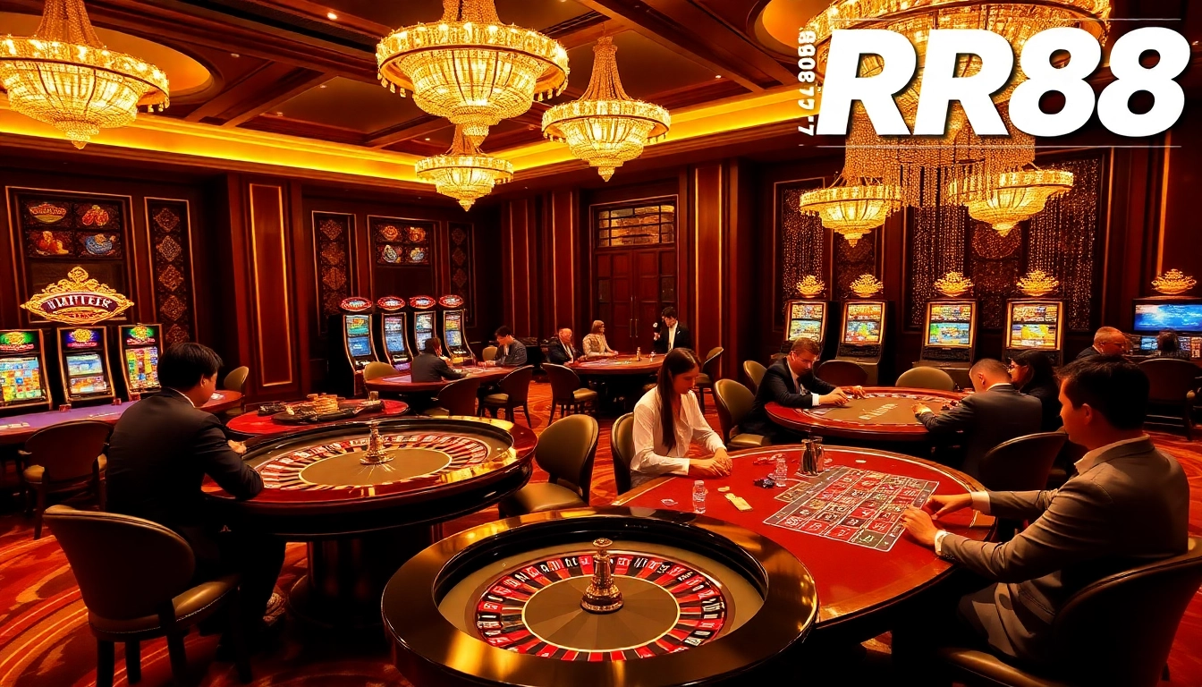 Experience RR88 excitement with high-stakes poker tables and vibrant slot machines in a luxurious casino.