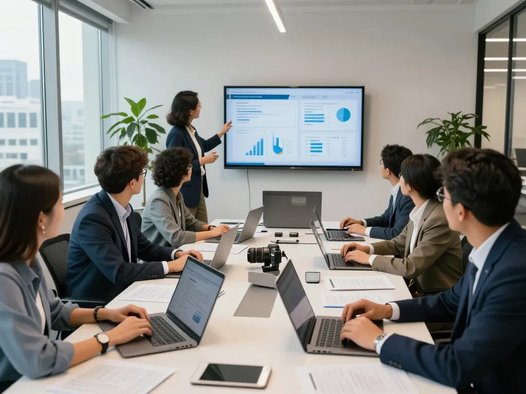 Team collaborating in a modern office, showcasing aluguel de notebooks para empresas for enhanced productivity.