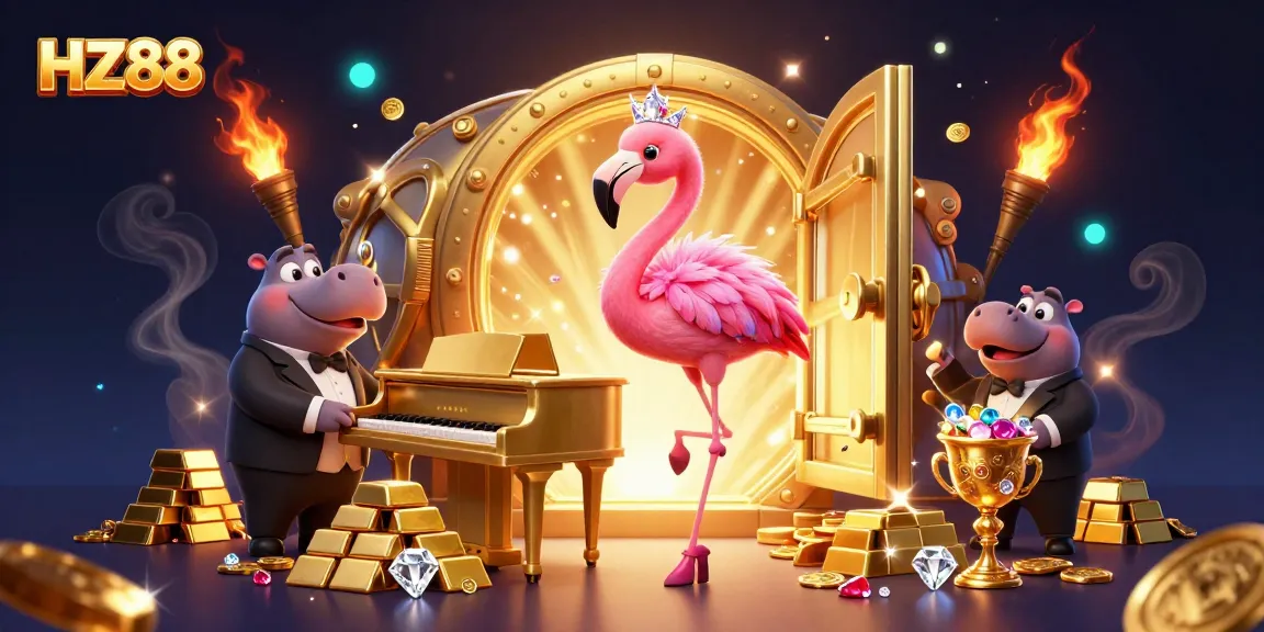 Experience HZ88 in a stunning casino scene filled with vibrant characters and golden treasures.