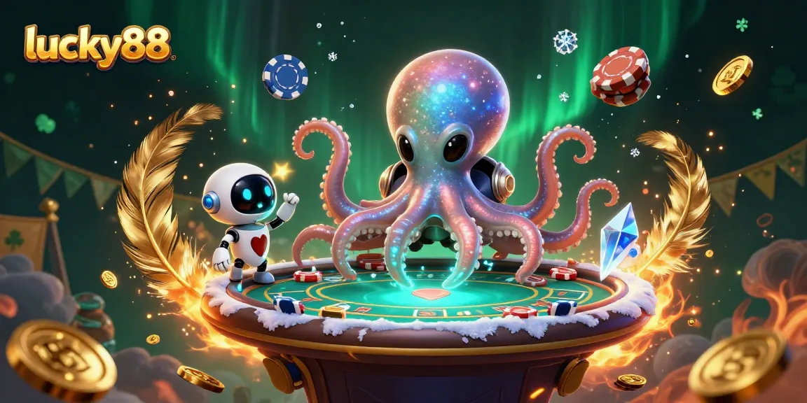Engage with lucky88 as an octopus handles a poker game, creating an exciting casino atmosphere.
