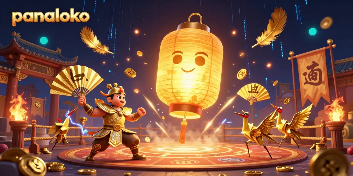 Panaloko's vibrant gaming world showcases a lantern spirit amidst casino excitement and lucky symbols.