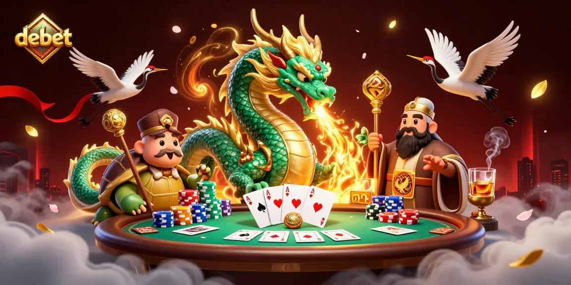 Experience the thrill of debet casino gaming with a vibrant dragon, sage, and lucky cranes.