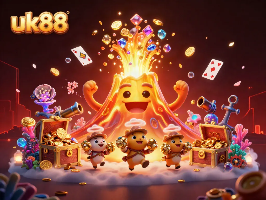 Experience the excitement of uk88 with a vibrant 3D illustration of a golden volcano exploding treasures and playful animals.