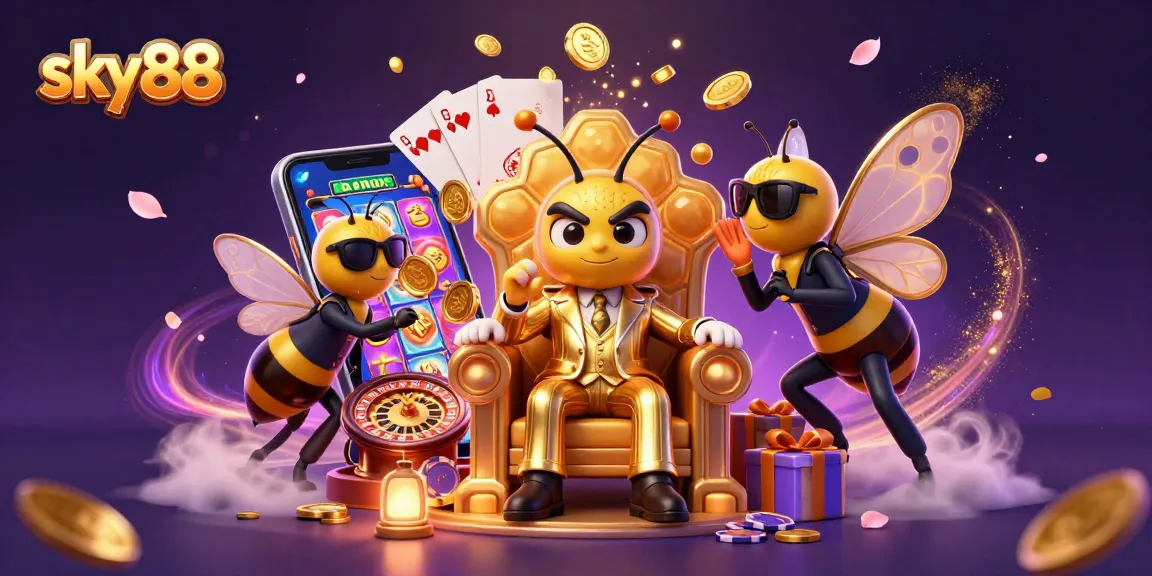 Enthrall players at sky88 with an exciting illustration of a casino scene featuring a bumblebee mob boss and gaming elements.