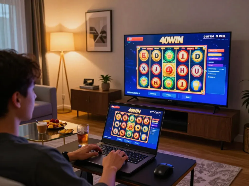 Experience thrilling slot gameplay at 40WIN through a cozy home setup with engaging visuals.