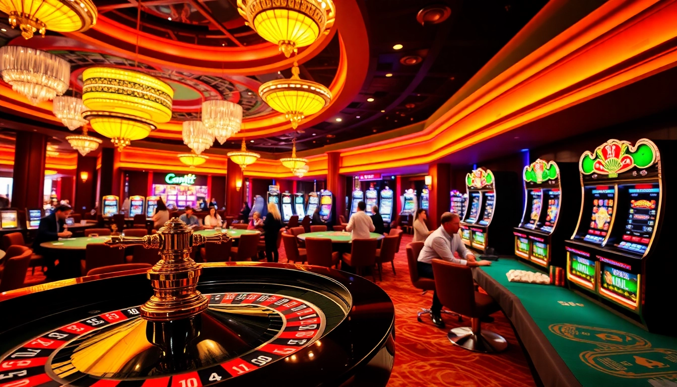 Players enjoying games at Casino rikbet, with vibrant lights and exciting action.