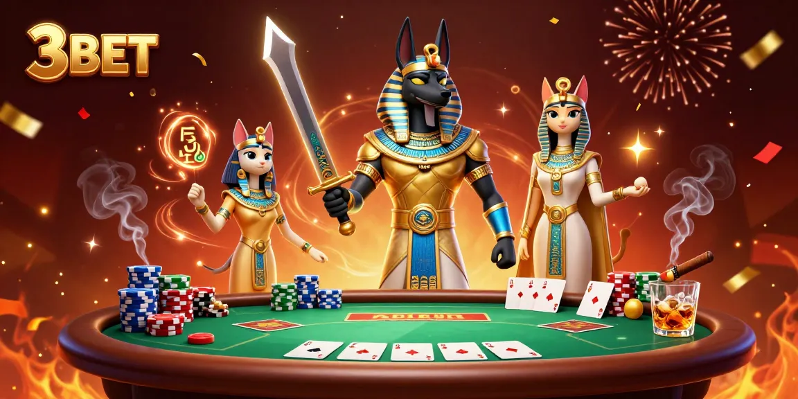 Experience thrilling poker action with 3 BET in an impressive 3D illustration showcasing Anubis and friends.