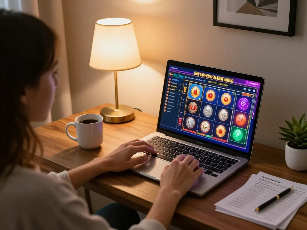 Jogador engajado aproveitando os jogos de slot do HH55 em um laptop em um ambiente aconchegante em casa