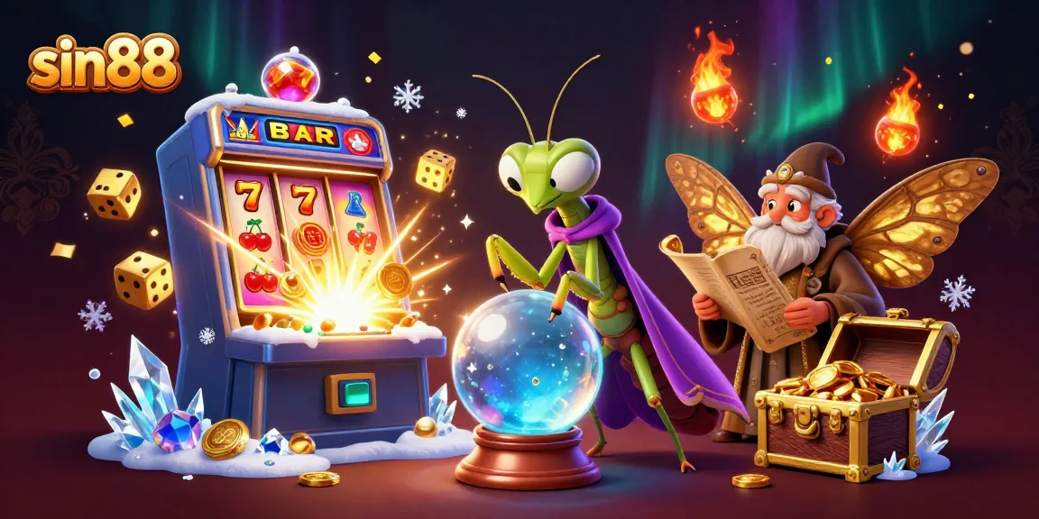 Experience the excitement of sin88 with a vibrant slot machine and mystical fortune teller scene.