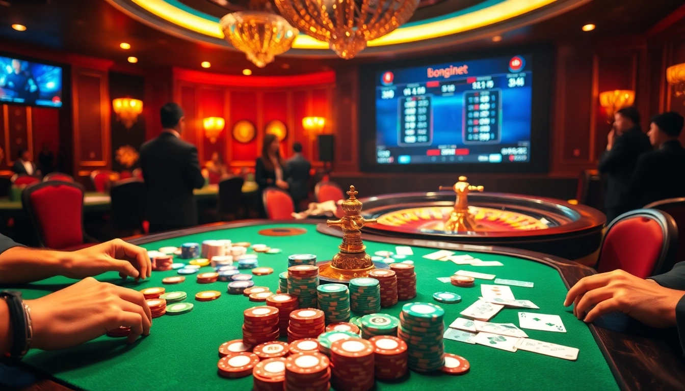 Bongdanet offers an exciting gambling experience with vibrant poker chips and live betting screens.