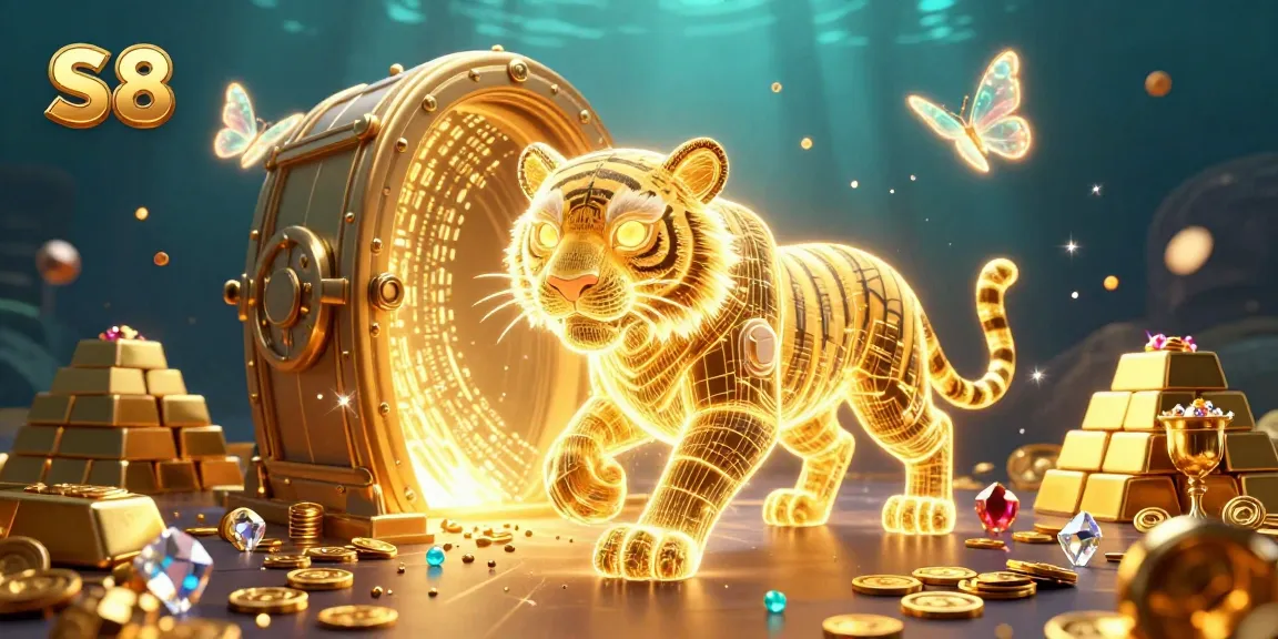S 8 features a golden tiger in a vibrant casino landscape surrounded by treasures and glowing elements.