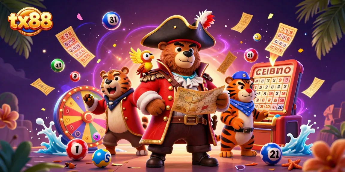 tx88 casino adventure with a pirate bear, tiger, and lively lottery elements.