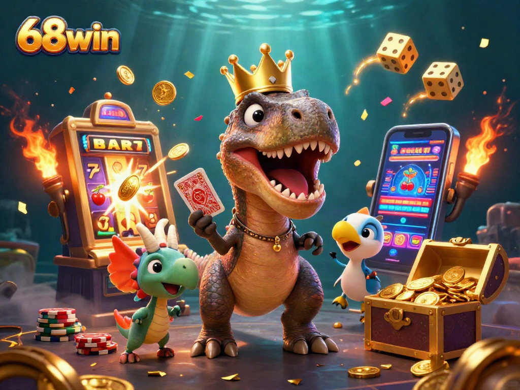 Experience the thrill of 68win's casino magic with vibrant characters amidst a jackpot explosion.