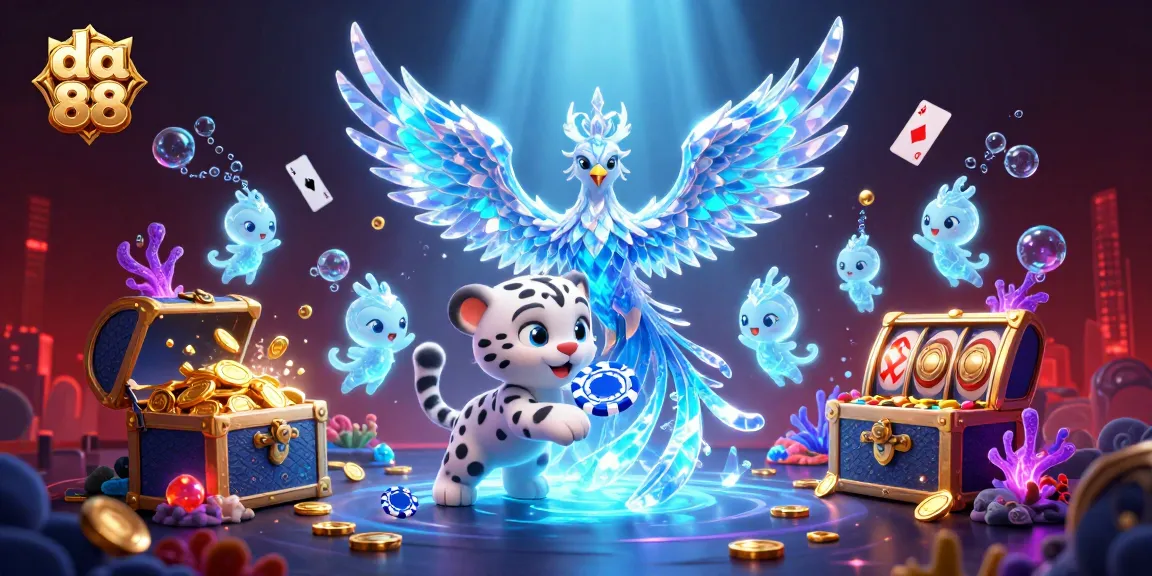 Engage in thrilling da 88 gaming action with a vibrant scene filled with ice phoenixes, leopards, and glowing treasures.